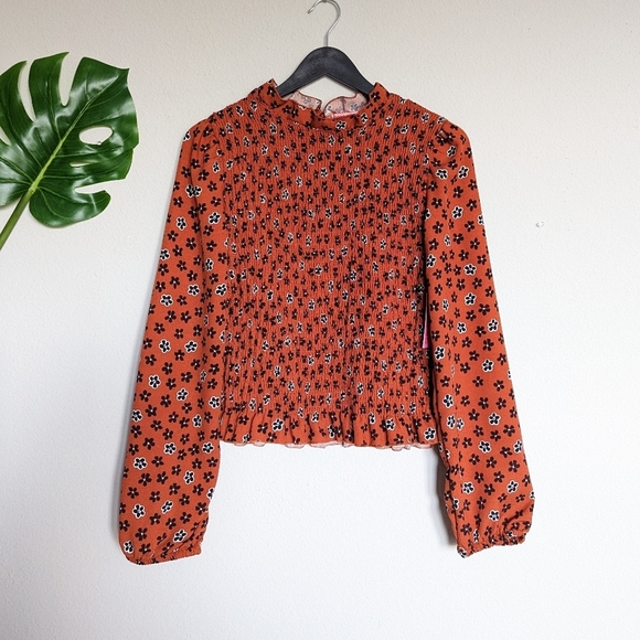 Dark orange black & white floor print shirred long sleeve rifle trim top size M - Picture 8 of 10